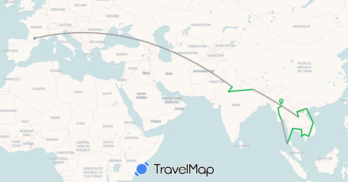 TravelMap itinerary: driving, bus, plane in France, India, Cambodia, Laos, Myanmar (Burma), Nepal, Thailand, Vietnam (Asia, Europe)
